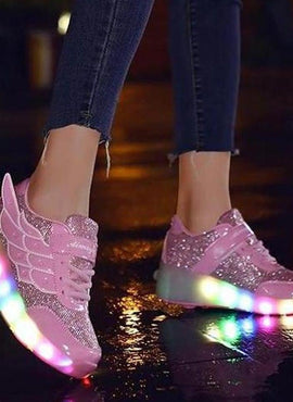 Pink Light Up Led Roller Shoes For Kids - Pink Wings | Kids Led Light Roller Wheel Shoes